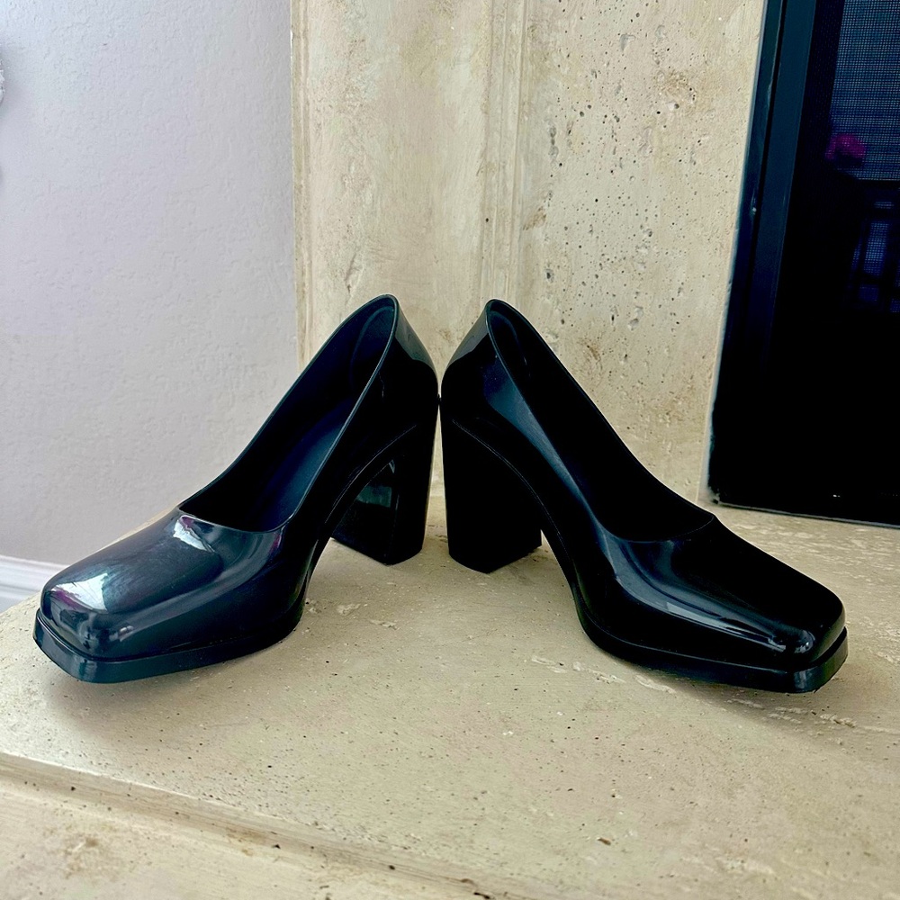 Melissa women's SHIFT black square toe, block heel PVC jelly pump